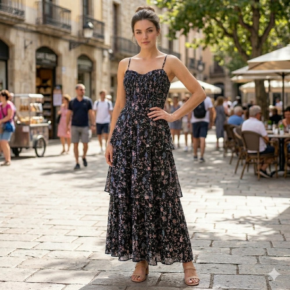 LULUS Cascading Crush Floral Tiered Maxi Dress Black Romantic Boho